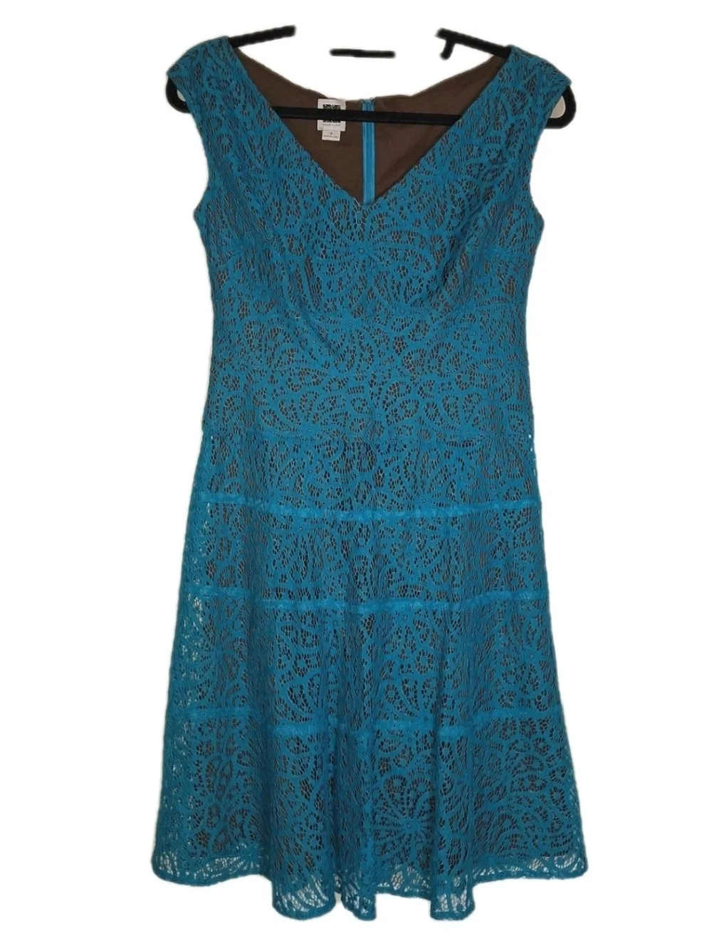 Anne Klein Turquoise Blue Portrait Necklace Lace Swing Party Dress sz 2 V-Neck